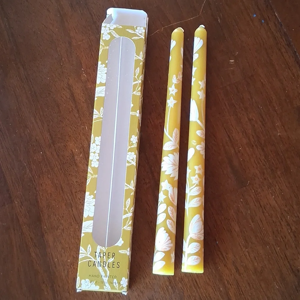 Anthropologie Hand-Painted Taper Candles White Floral Set Of Two